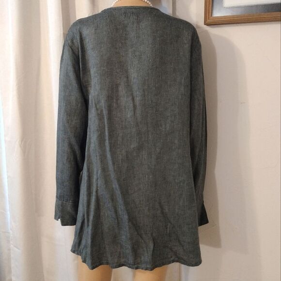Flax Women's Size Medium 100% Linen Button Down Long Sleeve Oversized Green Top - Picture 6 of 11